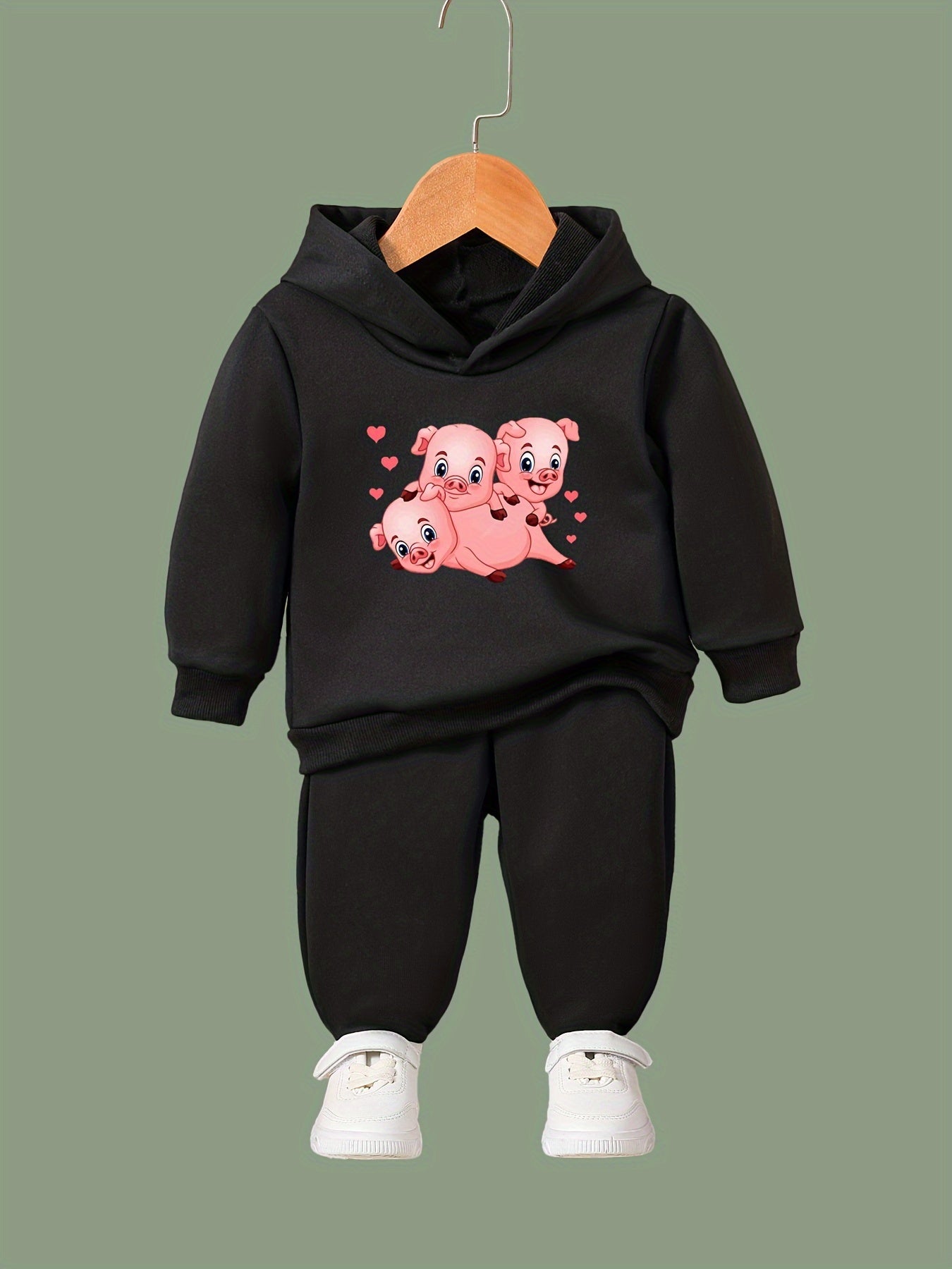 2pcs Cartoon Piggy Print Hoodies Pants Set For Kids Spring Fall Sports