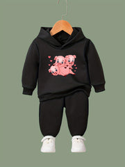 2pcs Cartoon Piggy Print Hoodies Pants Set For Kids Spring Fall Sports