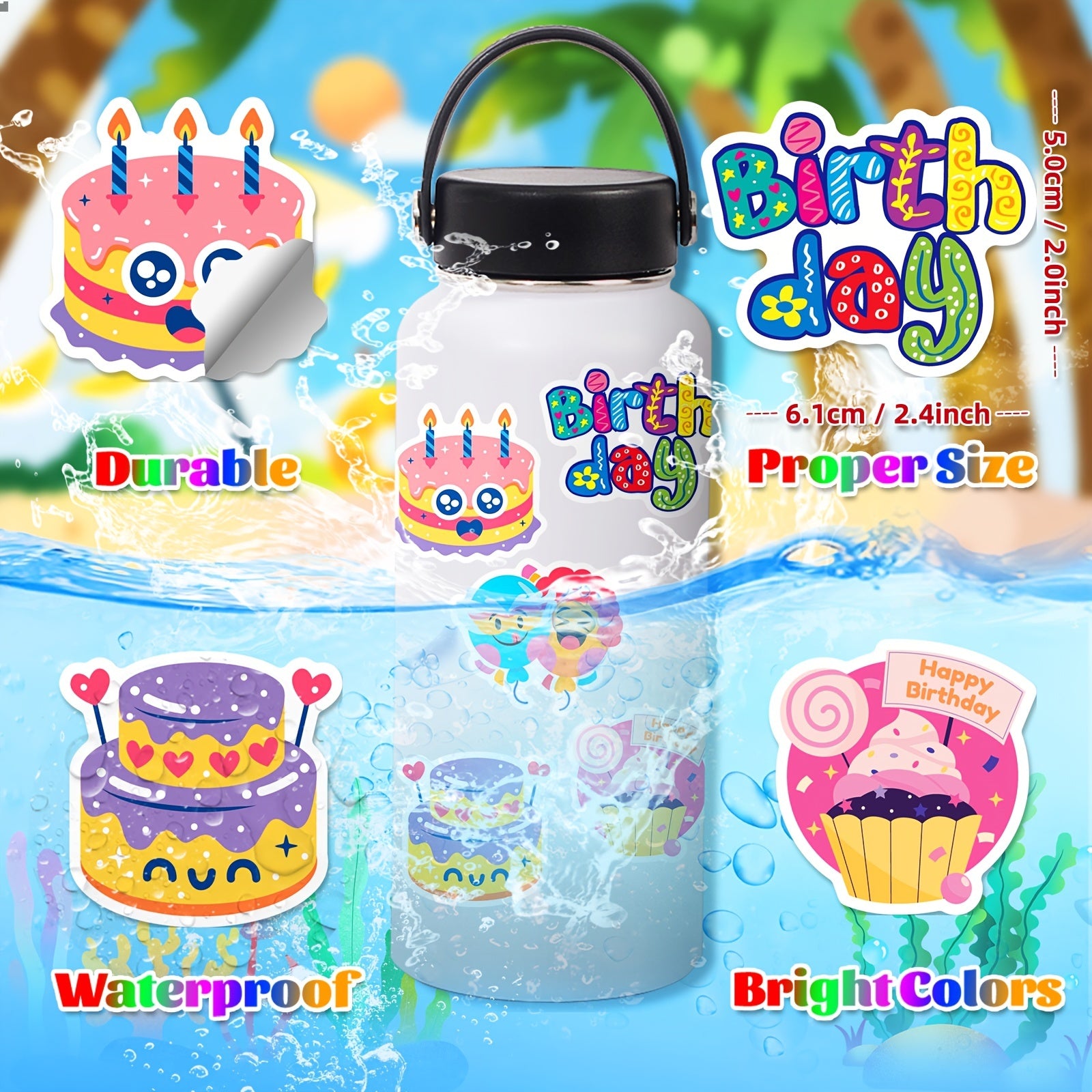 50pcs Happy Birthday Party Cartoon Graffiti Stickers Vinyl Waterproof Stickers