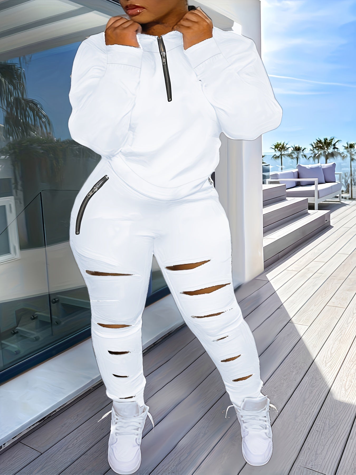 Two Piece Set: Long Sleeve Half Zipper Sweatshirt & Ripped Pants