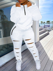 Two Piece Set: Long Sleeve Half Zipper Sweatshirt & Ripped Pants