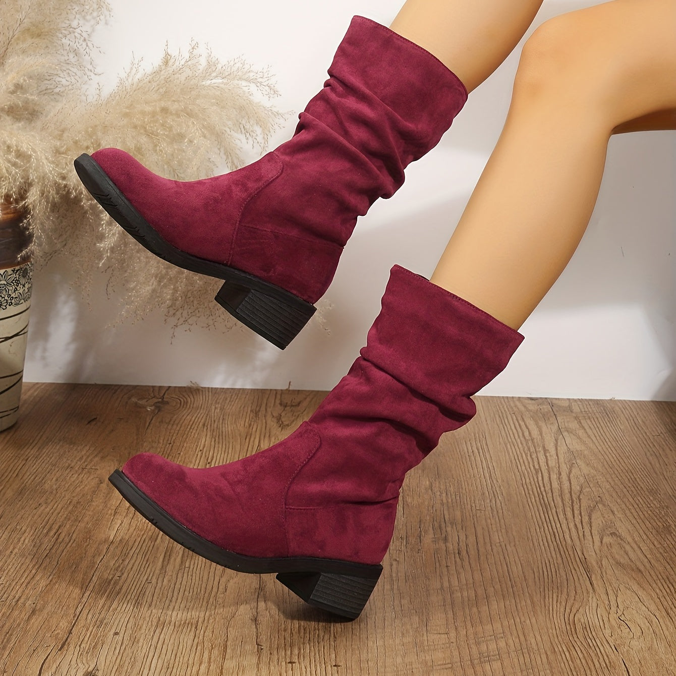 Mid Calf Retro Slouch Boots Low Heel Slip On Round Toe