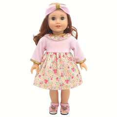 43 Doll Pink Floral Dress with Golden Trim Bodysuit Set