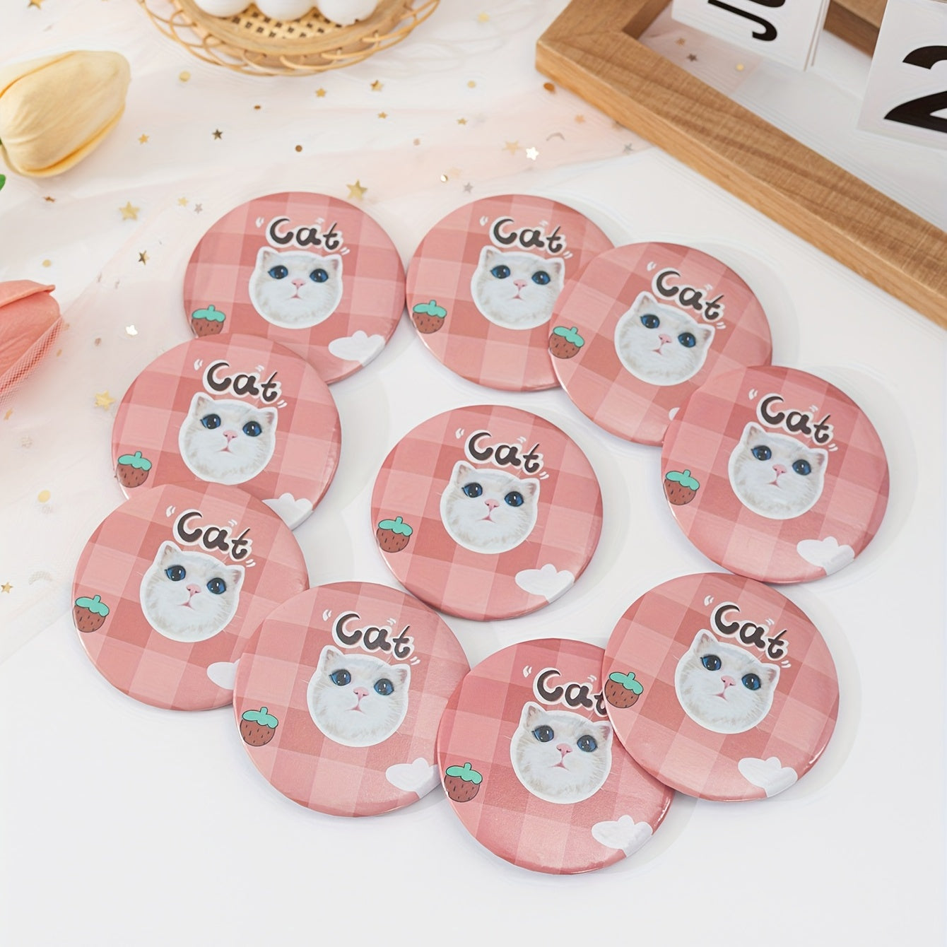 10pcs Cat Pattern Round Mirror Adorable Cosmetic Touch up Mirror For Gift