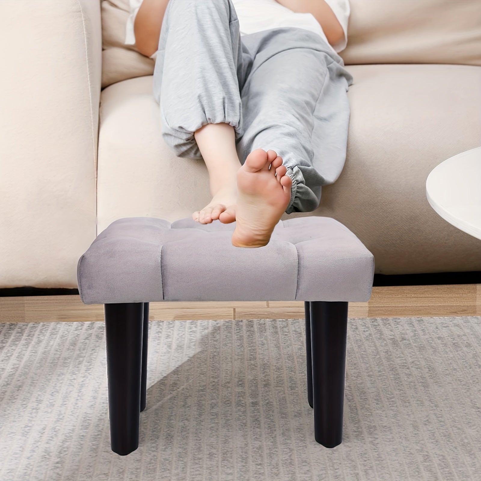 Velvet Small Footstool Ottoman with Wood Legs