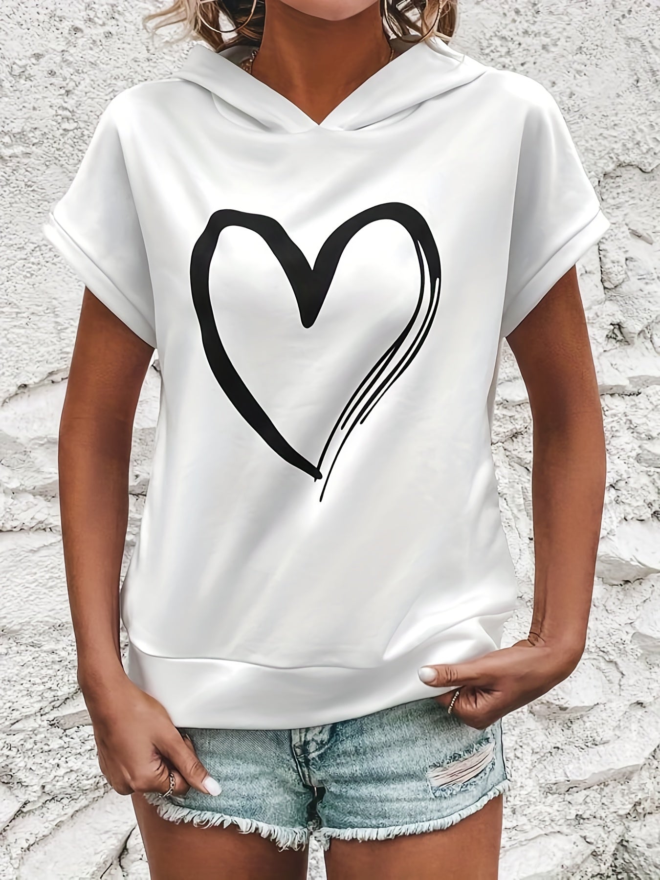 Heart Print Short Sleeve Hoodie Casual Hoodies Sweatshirt
