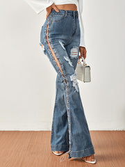 Ripped Holes Flared Jeans Lace Up Distressed Bell Bottom Casual Denim Pants