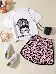 2pcs Toddler Girls Figure & Letter T-Shirts & Leopard Shorts Set