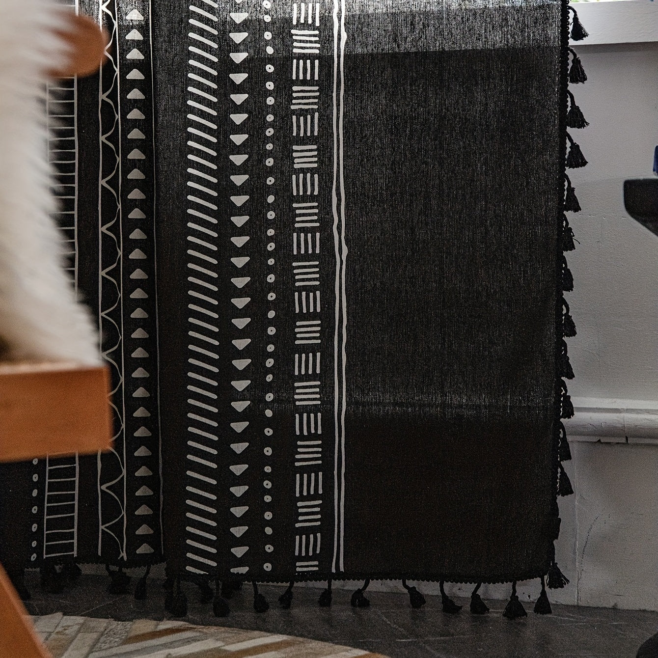Geometric Printed Tassel Rod Pocket Curtain Cotton Linen Kitchen Bay Window