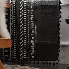 Geometric Printed Tassel Rod Pocket Curtain Cotton Linen Kitchen Bay Window