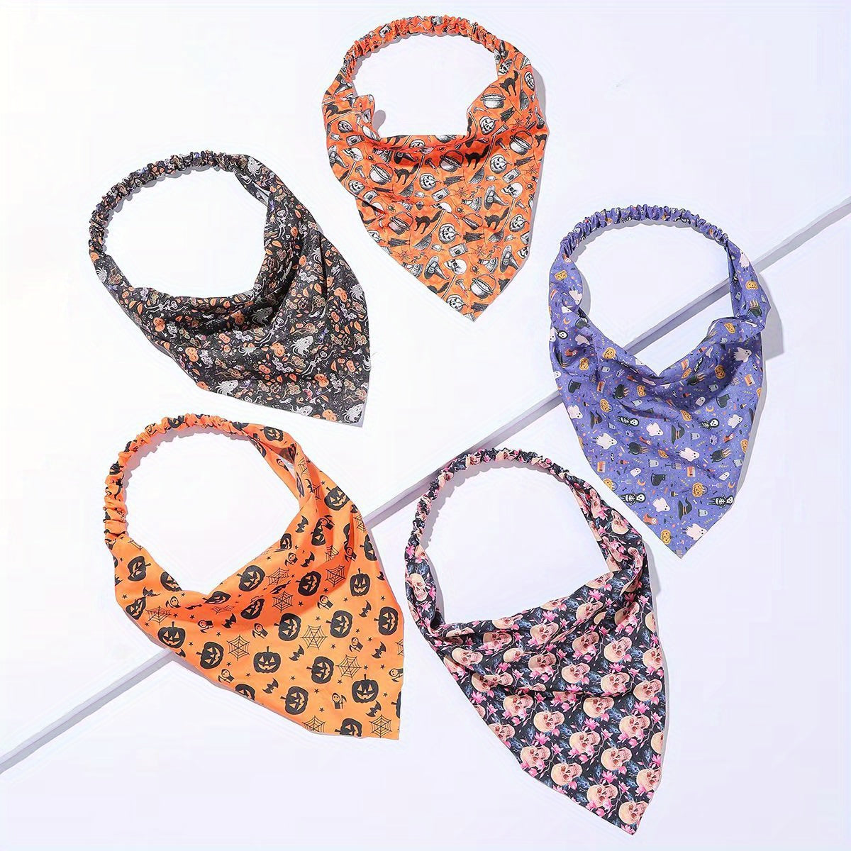 5pcs Halloween Headband Scarf Elastic Turban Skull Pumpkin Print