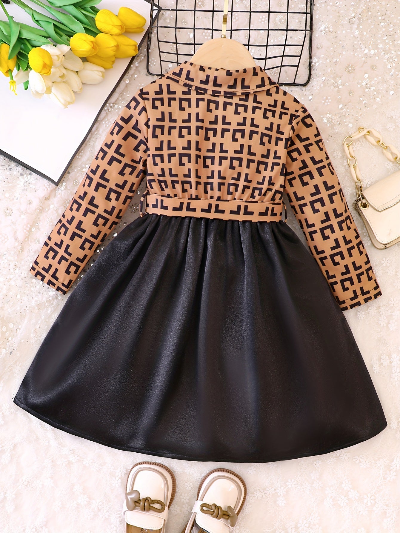 Girls' Geo Print Stitching Dress for Autumn Spring