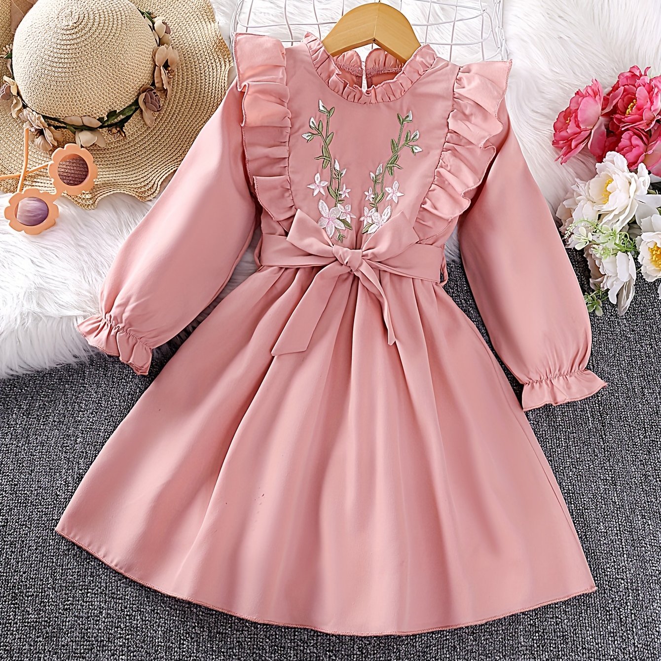 Girls' Flower Embroidery Flutter Trim Long Sleeve Dress