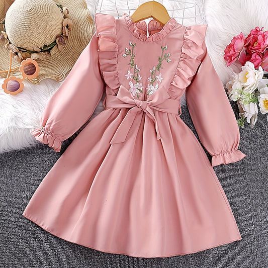 Girls' Flower Embroidery Flutter Trim Long Sleeve Dress