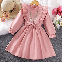 Girls' Flower Embroidery Flutter Trim Long Sleeve Dress