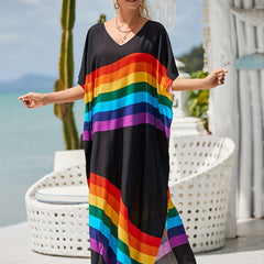 Women's Plus Rainbow Stripe Bat Sleeve V Neck Slight Stretch Cover Up Dress