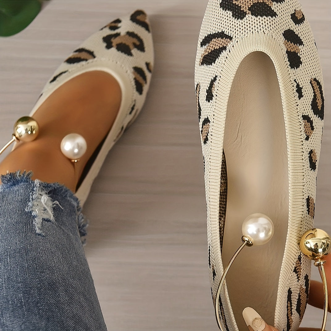 Leopard Printed Point Toe Slip On Flat Shoes with Metallic Strap