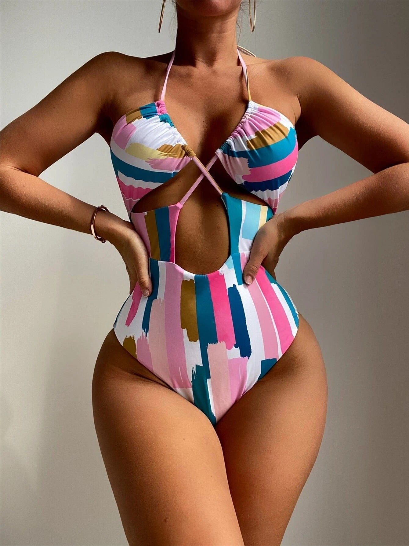 Graffiti Stripe Print Drawstring Halter Neck One Piece Swimsuit