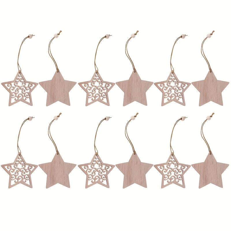 12pcs Wooden Snow Star Pendants for Party Decor