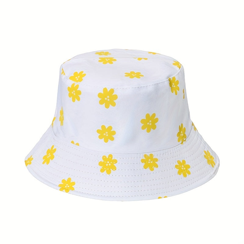 Daisy Print Reversible Bucket Hat Summer Sunscreen Casual Fisherman Cap