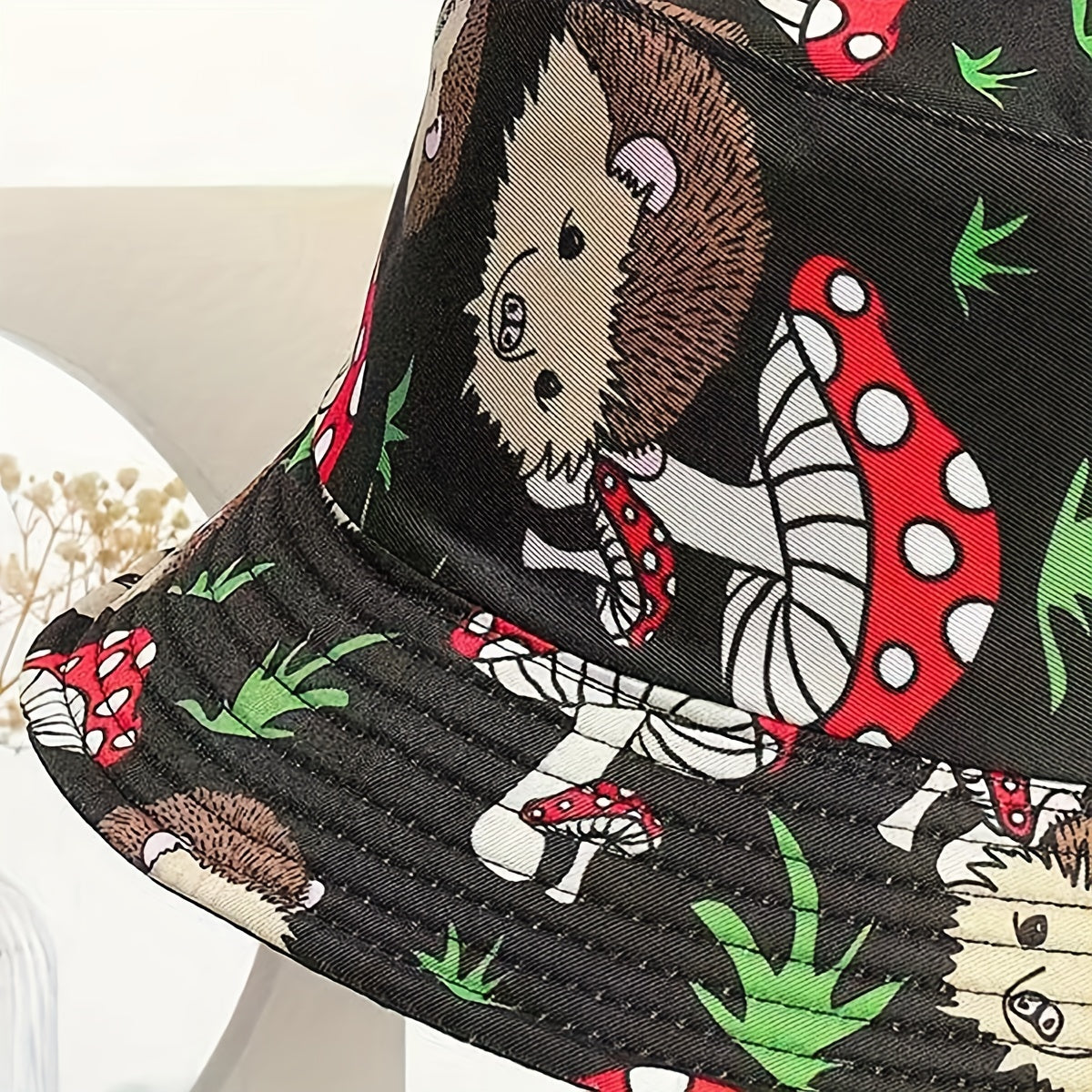Unisex Sunshade Bucket Hat with Hedgehog Mushroom Print - Double Sided Sun Hat