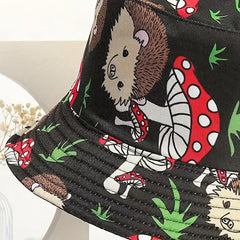 Unisex Sunshade Bucket Hat with Hedgehog Mushroom Print - Double Sided Sun Hat