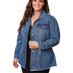 Sporty Denim Top Plus Size Long Puff Sleeve Lapel Collar Button Up