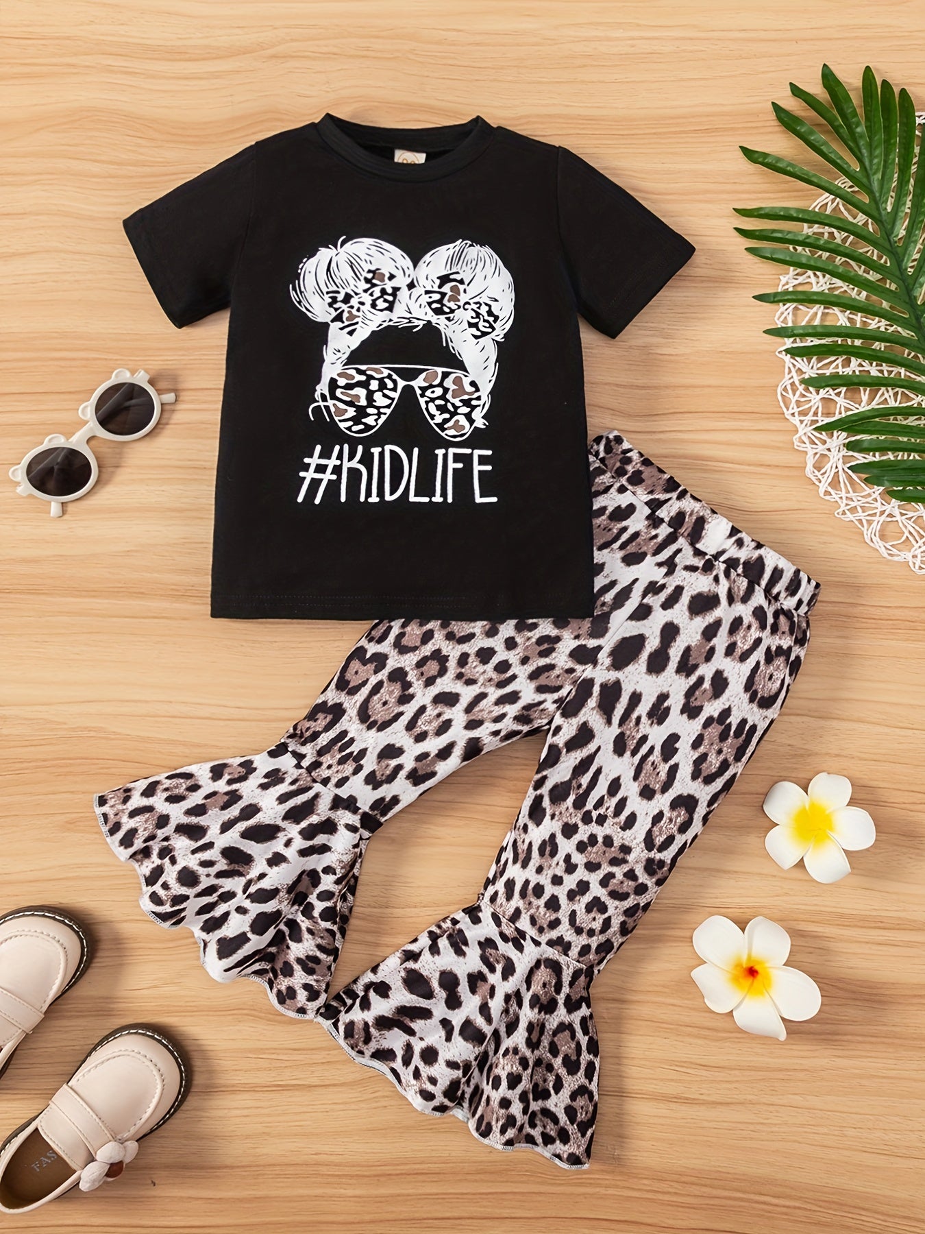 Girls Leopard Print Tee & Solid Flared Pants Set