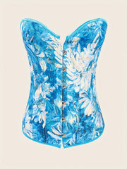 Floral Print Strapless Corset Bustier Lace Up Body Shaper