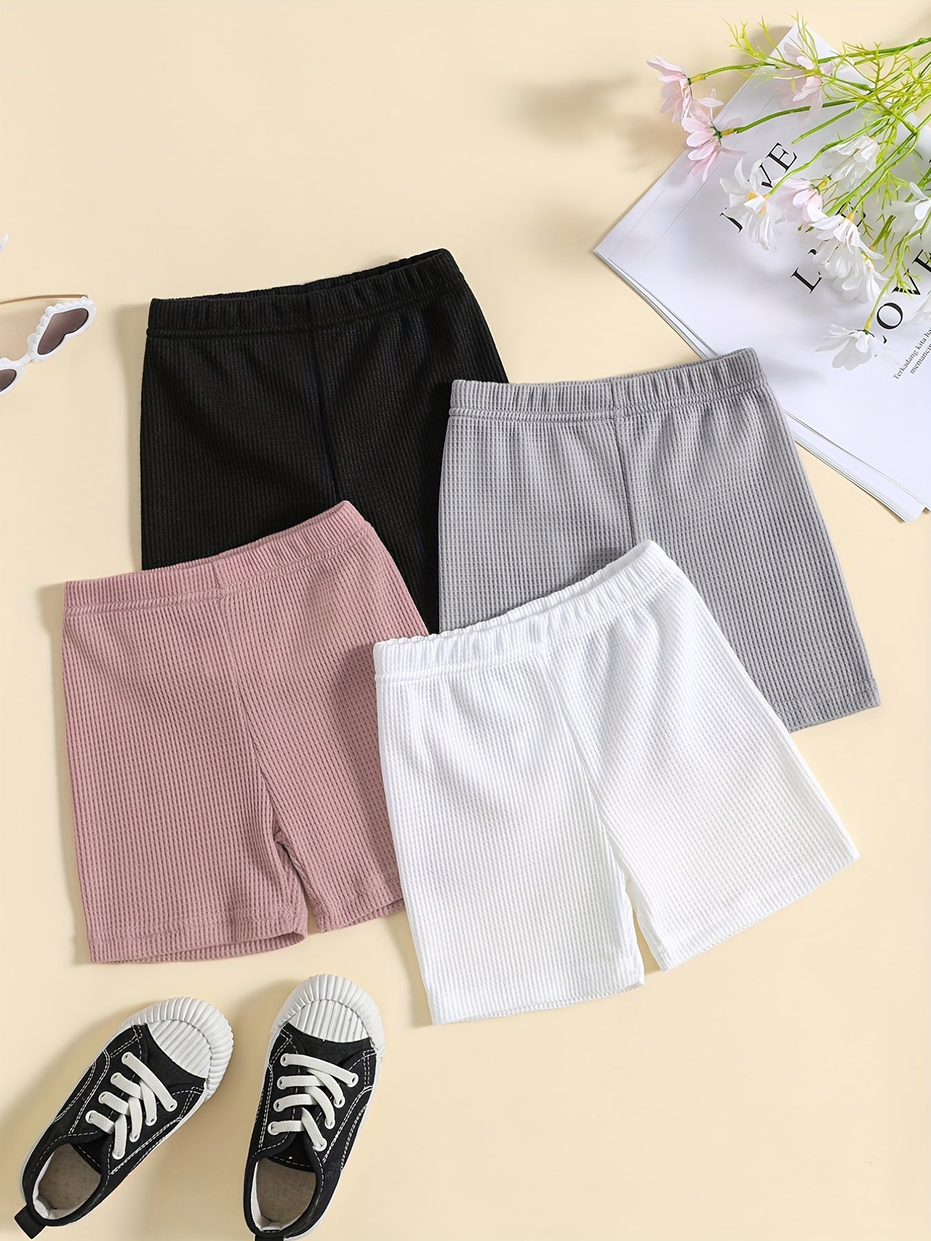4pcs Girls Waffle Cotton Shorts Set Elastic Waist Comfy Dance Ballet Skirt Under