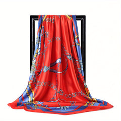 Vintage Chain Printed Square Silk Scarf Large Shawl Wrap 91X91