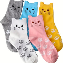 Men's Cartoon Cat Crew Socks 5 Pairs Cotton Blend Casual Unisex Socks