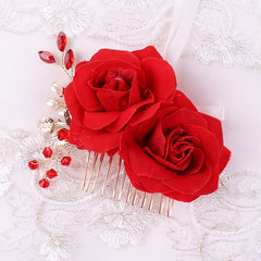 Red Rose Flower Hair Combs Bridal Headpiece Hair Accessories