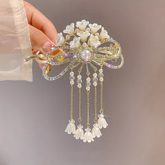 Flowers Rhinestone Tassel Hair Clips Hanfu Decorative Hair Accessories