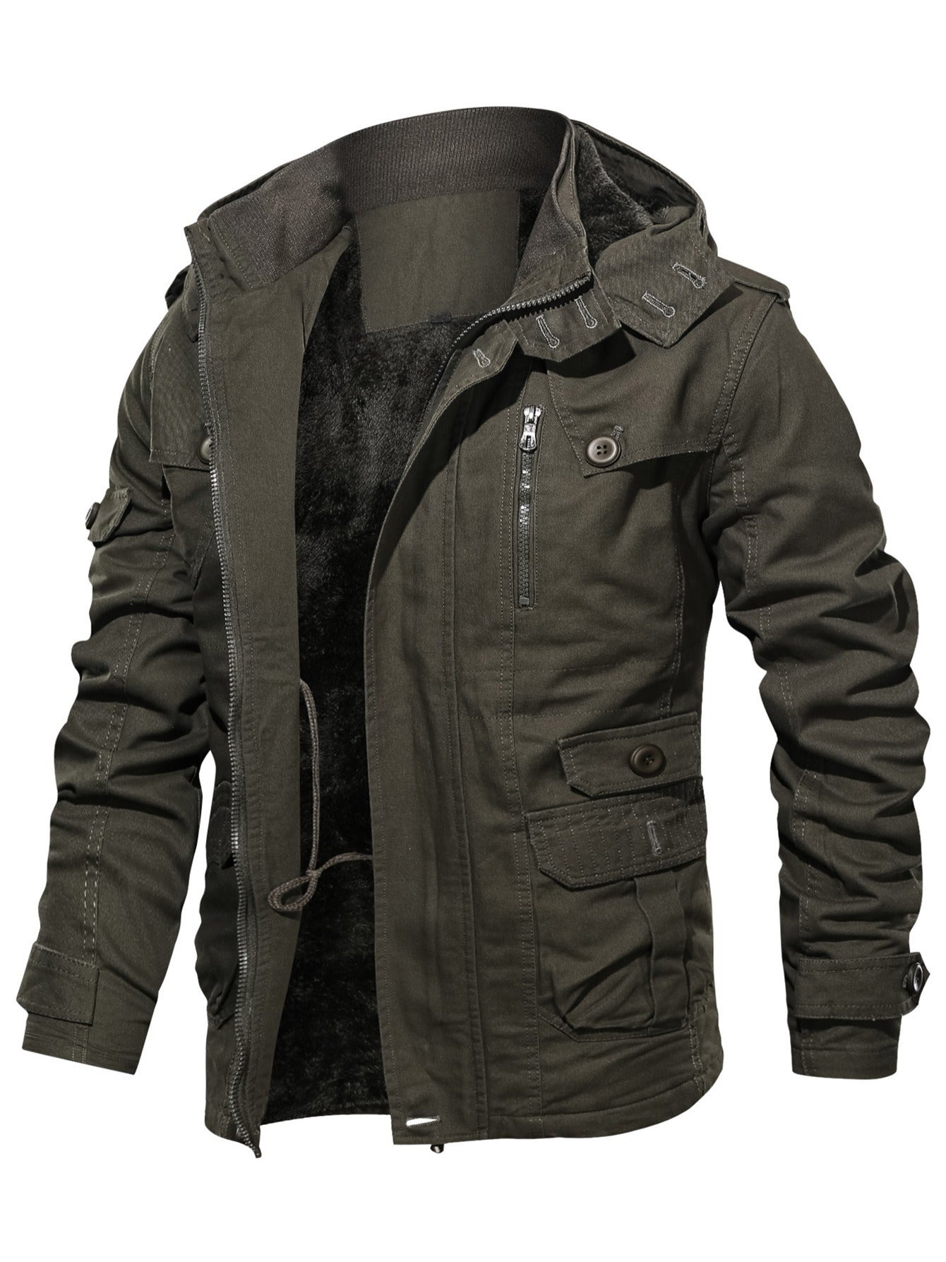 Men's Fleece Warm Cargo Hooded Jacket Vintage Long Sleeves For Winter