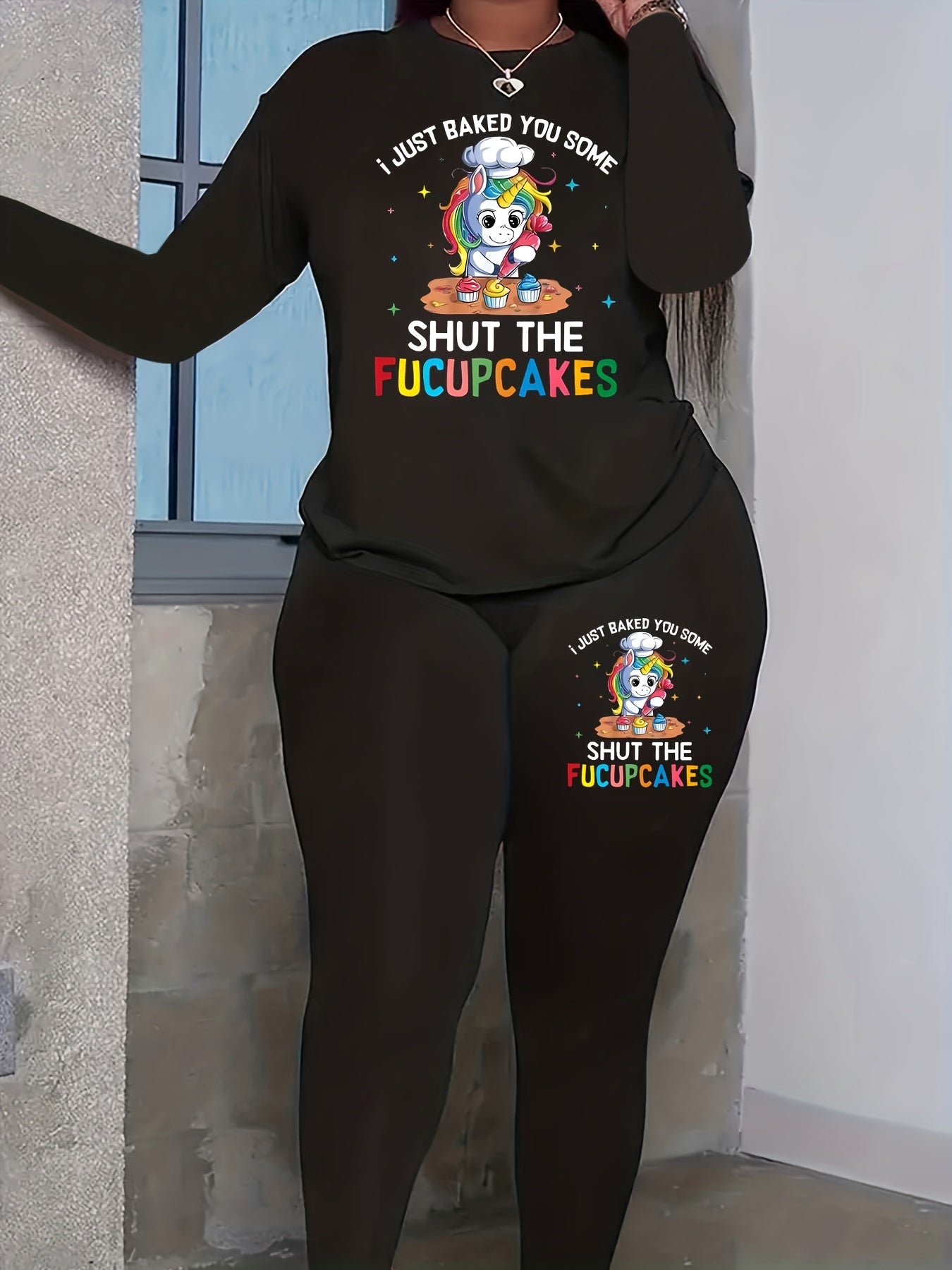 Women's Plus Rainbow Unicorn & Letter Print Tee & Legging Two Piece Set