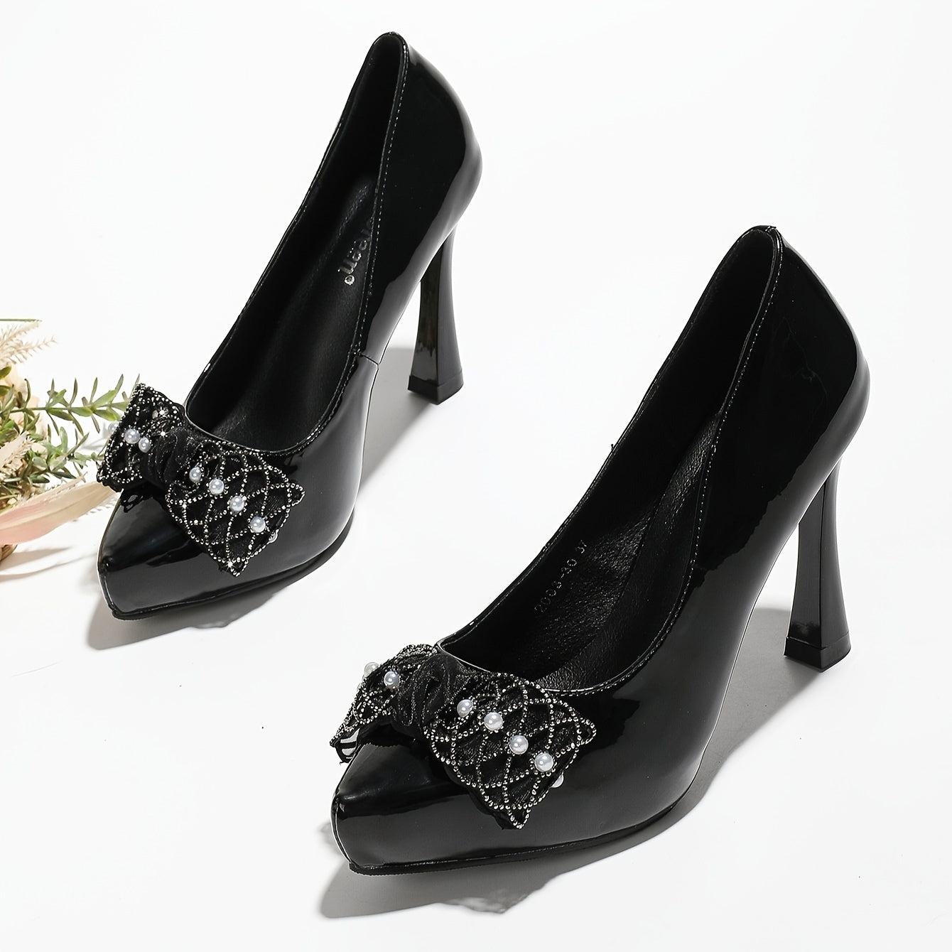 Platform High Heels Rhinestone & Faux Pearl Decor Pointed Toe Pumps