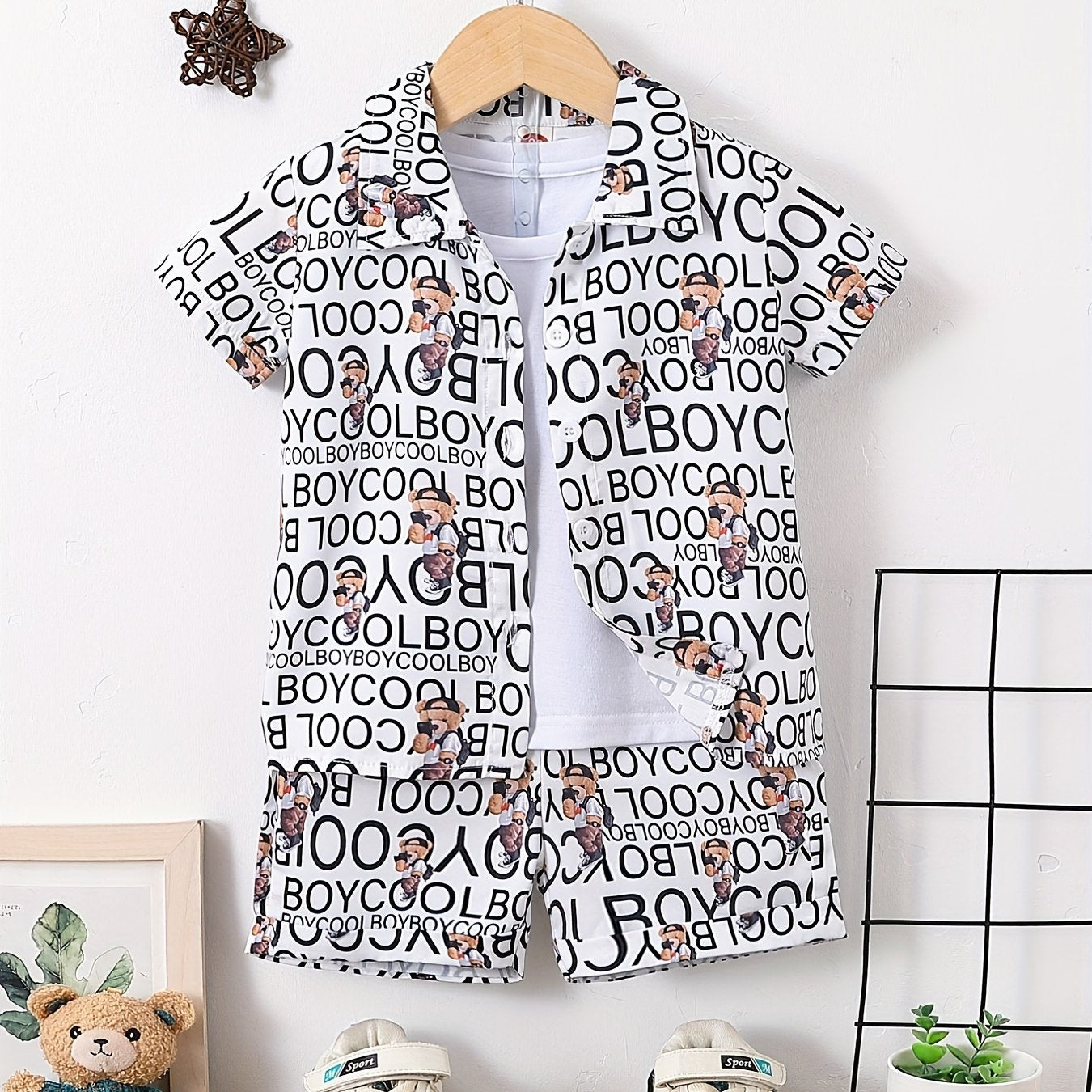 Boys Letter & Bear Print Outfit Short Sleeves Shirt & Shorts Set