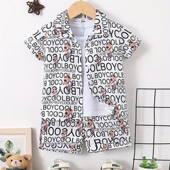Boys Letter & Bear Print Outfit Short Sleeves Shirt & Shorts Set
