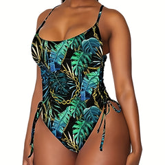 Retro Swimsuit Women's Leaf & Chain Print Ruched Lace Up Side