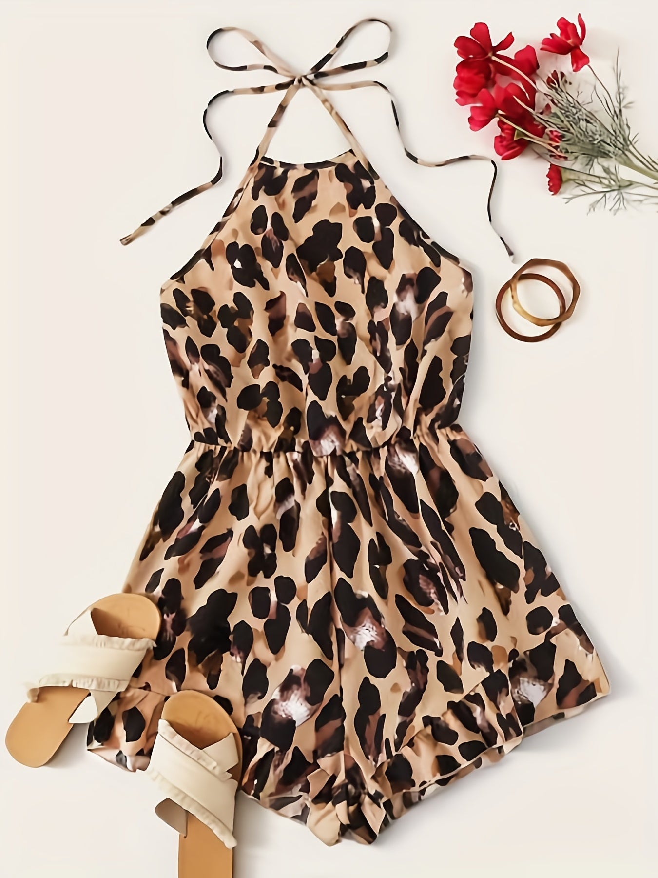 Leopard Print Backless Halter Romper Jumpsuit