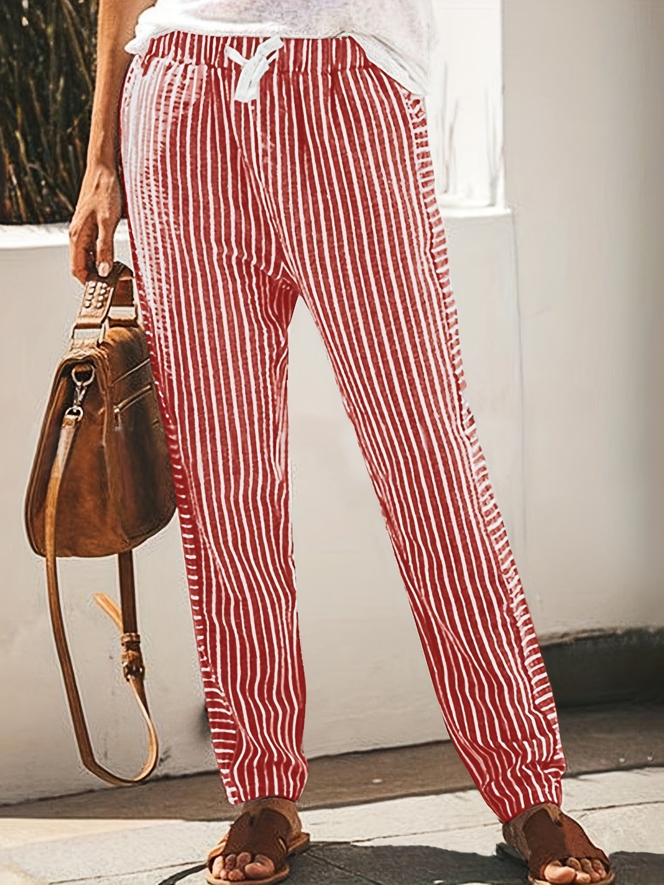 Striped Straight Leg Pants High Waist Drawstring