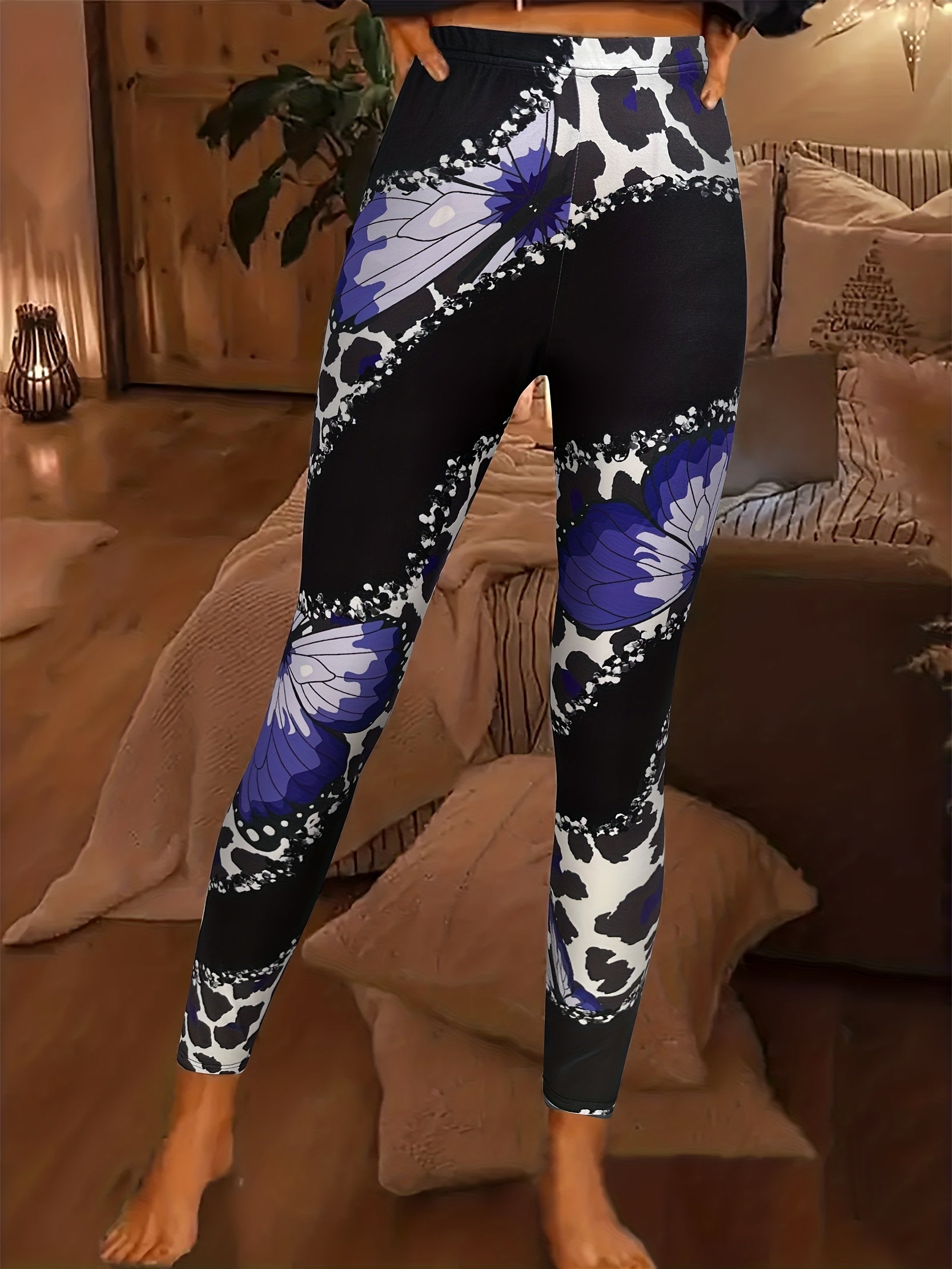 Butterfly & Leopard Print Skinny Leggings High Waist Stretchy Leggings