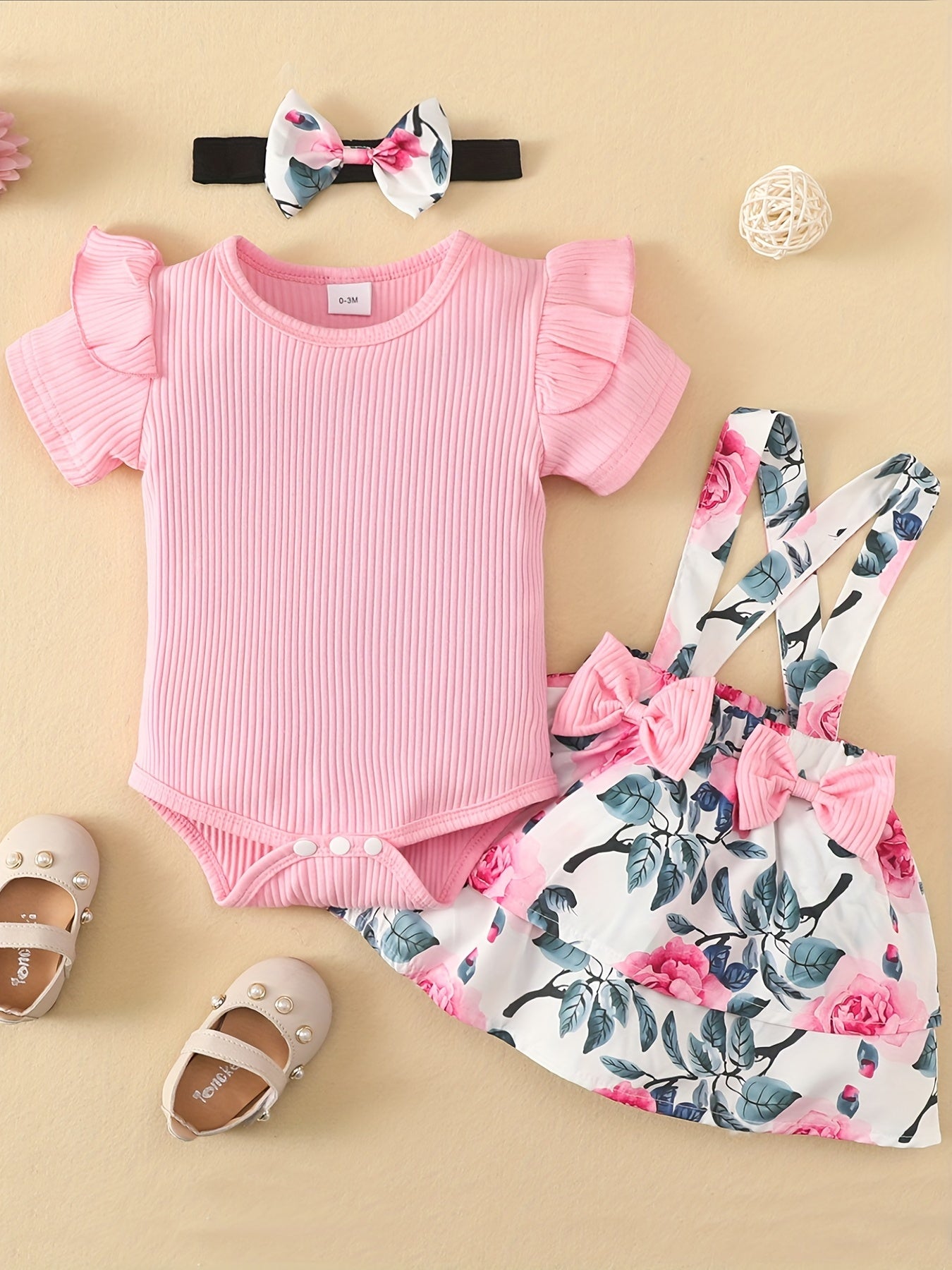 3pcs Baby Girls Short Sleeve Onesie & Floral Suspender Skirt Set