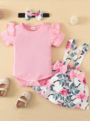 3pcs Baby Girls Short Sleeve Onesie & Floral Suspender Skirt Set