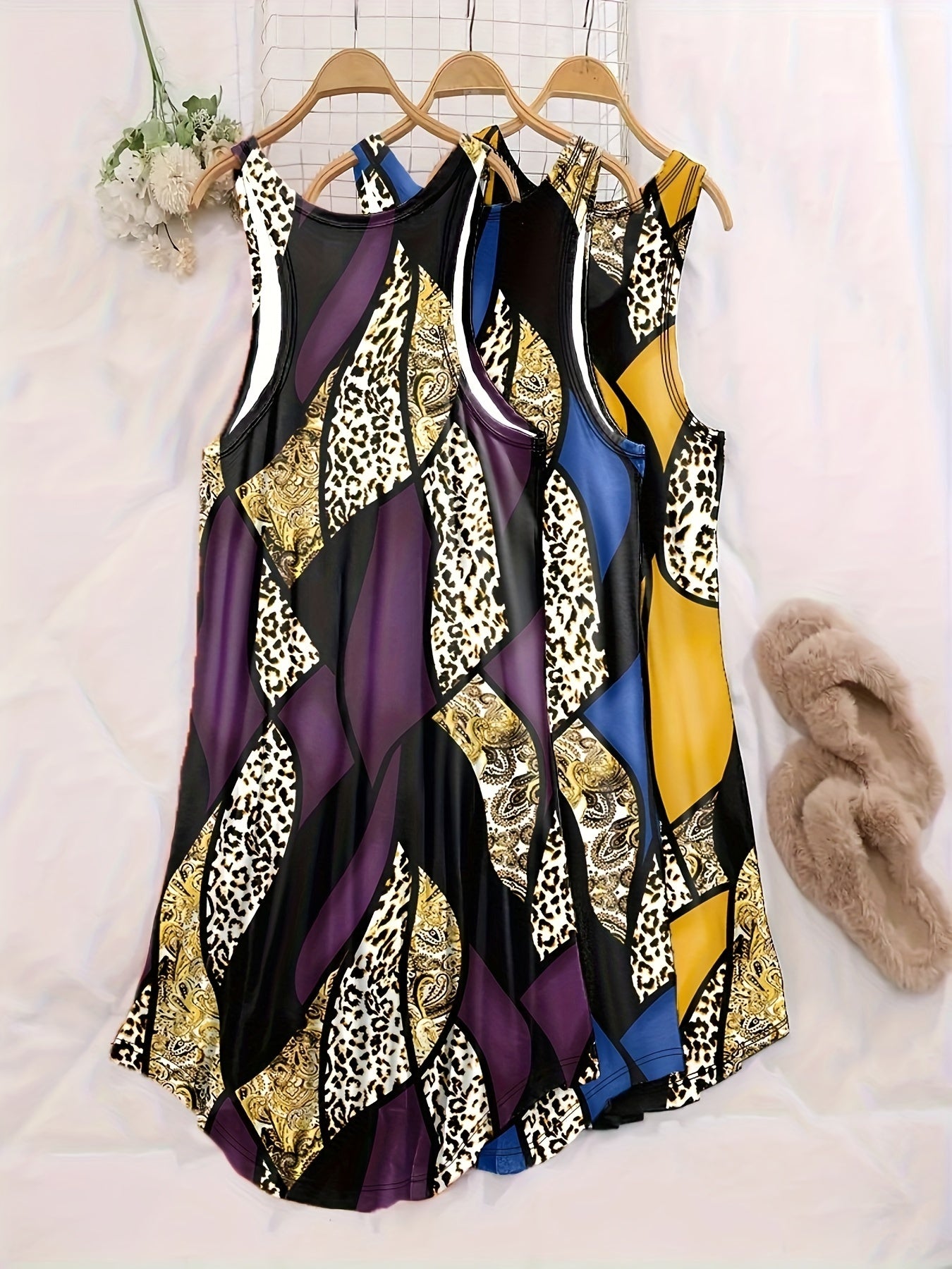 3 PC Plus Size Retro Loungewear Dress Set Leopard & Paisley Print