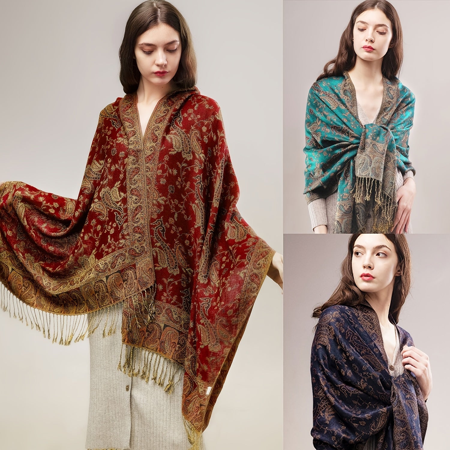 Vintage Cashmere Feel Warm Scarf Soft Silky Fringed Shawl