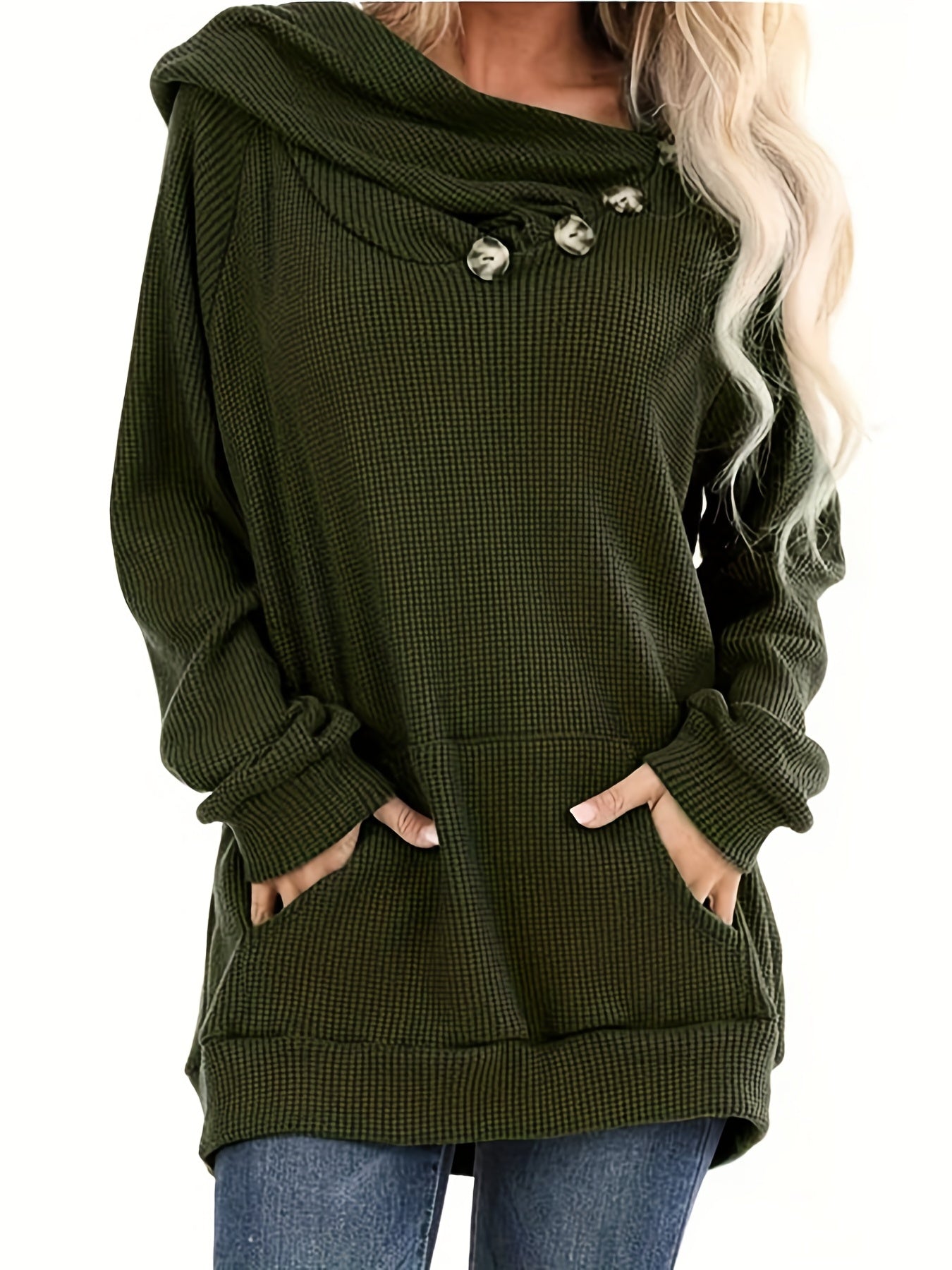 Solid Kangaroo Pocket Hoodies Casual Waffle Long Sleeve Sweatshirt