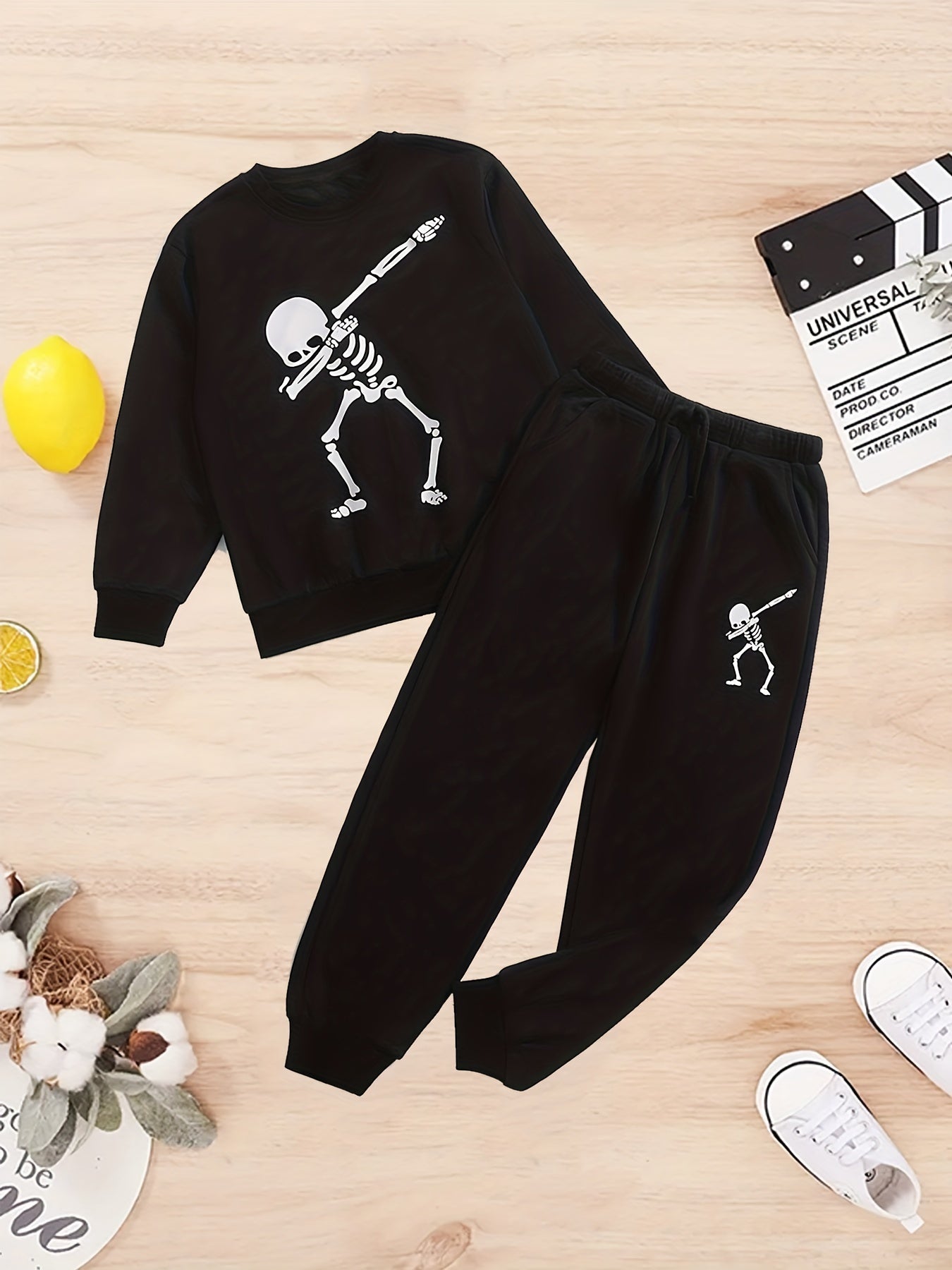 Kid's Dancing Skeleton Print Sweatshirt & Sweatpants Set