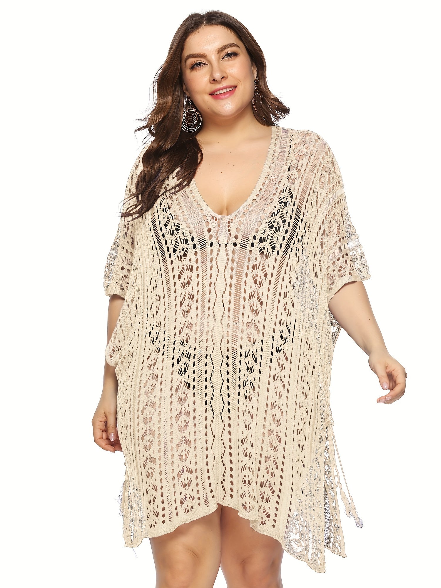 Plus Size Eyelet Embroidery V Neck Tassel Trim Beach Cover Up Dress